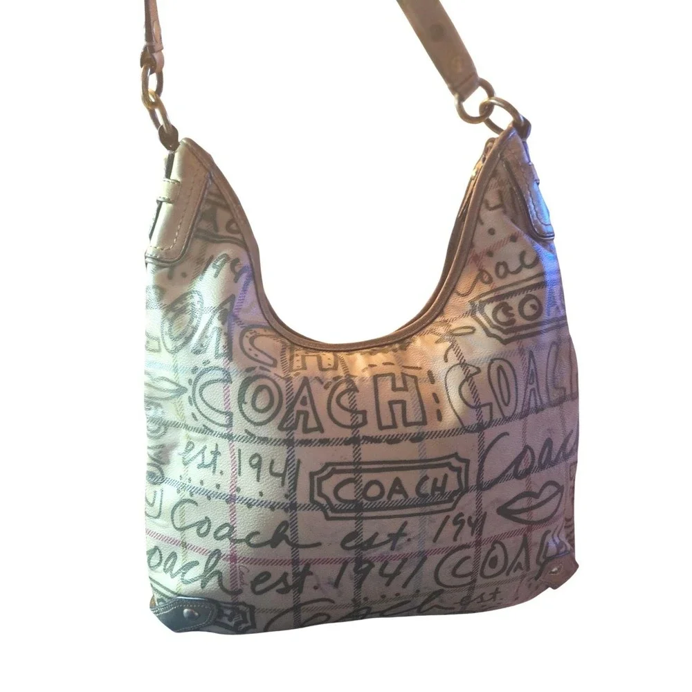 Coach Est 1941 Hobo Shoulder‎ Bag Beige Plaid Script Logo